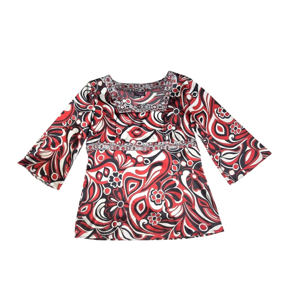 Clothing Co by Notations Tunic Top Red Black Satin Paisley Floral Bell Sleeve S